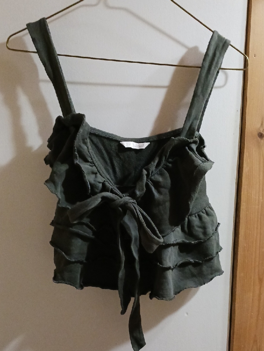 Zara Olive Green Ruffle Tie-Front Crop Top